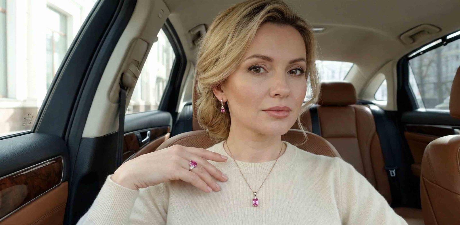 Bespoke moissanite ring and fine gold jewelry on elegant woman - ethical lab-grown sapphire and emerald rings by Pola